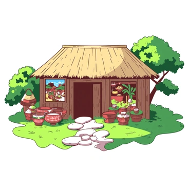A traditional cultural hut with a thatched roofing is situated in a lush green landscape. The hut has wooden walls, adorned with intricate local artwork depicting vibrant scenes of daily life. Surrounding the hut, there are several colorful woven baskets and handcrafted pottery displayed at various heights. A pathway made of stones leads up to the entrance of the hut, enhancing the cultural ambiance of the scene. The sunlight bathes the hut, creating a warm atmosphere.