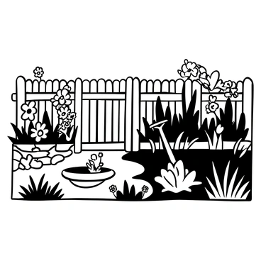 A garden divided by a wooden fence, with one side featuring lush plants and vibrant flowers in full bloom, creating a bright atmosphere. This side has neatly arranged flower beds and a small stone pathway winding through them. The other side of the fence is overgrown, with wild weeds and tall grasses dominating the landscape, giving it a shadowy appearance. An old, rusty garden tool is partially buried in the overgrown area. The fence itself shows signs of wear, with peeling paint and sharp edges.