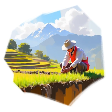 A Bhutanese farmer wearing traditional attire, including a woven kira, is carefully tending to terraced rice fields. The farmer is kneeling in the lush green landscape, diligently planting seedlings in the rich, dark soil. Surrounding the fields are vibrant patches of various shades of green, showcasing the layered terraces. In the background, the majestic peaks of the Himalayas rise dramatically against the sky, partially shrouded in wispy clouds, adding a stunning natural backdrop to the scene. The morning light casts soft shadows across the fields, enhancing the textures of the rice plants and the farmer's focused expression.
