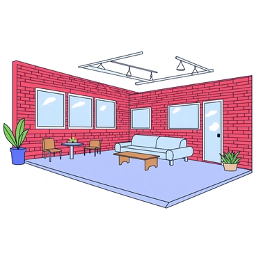A spacious loft apartment with exposed red brick walls. The room features large rectangular windows that allow ample natural light to fill the space. There are multiple industrial-style light fixtures hanging from the ceiling, providing additional illumination. The floor is made of polished concrete, and there is a comfortable sofa along one wall, complemented by a coffee table in front of it. In one corner, there is a small dining table with wooden chairs. A few decorative plants are placed around the room, adding a touch of greenery.