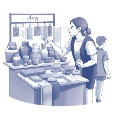 A woman named "Amy" is standing at a market stall, examining a variety of goods. The stall is overflowing with items, including "blue ceramic vases," "blue woven baskets," and "blue fabric swatches." Each item is neatly arranged, showcasing intricate patterns and textures. Amy is leaning slightly forward, with her hand reaching out to touch one of the "blue glass ornaments." The scene captures a lively market atmosphere, with other stalls and shoppers visible in the background, adding to the bustling environment.