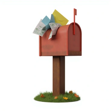 A mailbox made of weathered metal, painted in a faded red color, stands on a rusty post. The mailbox is overflowing with various utility bills, some crumpled and others neatly stacked. Brightly colored envelopes with prominent print are poking out from the top, while a few bills are spilling out onto the ground below. The mailbox is surrounded by a patch of grass that is slightly overgrown, and a few autumn leaves are scattered around it.