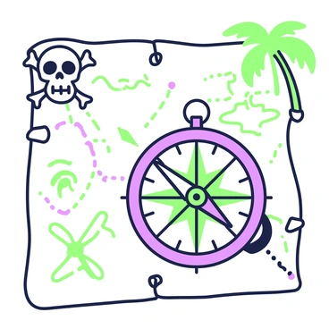A close-up view of a pirate treasure map is displayed prominently. In the center, there is a compass with a prominent needle pointing direction, designed with intricate details. The compass is surrounded by a weathered parchment texture. An 'X' is marked boldly on the map, denoting the treasure location. A skull and crossbones is illustrated in the top left corner of the map, adding to the pirate theme. Various dotted lines are seen leading from the compass to the 'X', indicating a path. There are also stylized waves and palm trees sketched faintly in the background, enhancing the adventure theme.