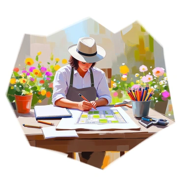 A gardener with dark hair and wearing a sun hat is seated at a wooden table, sketching a detailed layout for a garden. The table is cluttered with gardening tools, colored pencils, and notebooks. In the background, various plants and flowers surround the area, providing a vibrant and lush atmosphere. The gardener's sketch features a symmetrical design with neatly arranged flower beds, pathways, and trees. The scene captures the thoughtful concentration of the gardener as they plan for a beautiful garden.