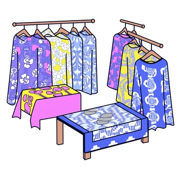 A collection of luxurious fabrics with intricate, ornate patterns, featuring rich colors and textures. The fabrics are draped elegantly over display tables and hanging from wooden racks. Each piece showcases a distinct design, including floral motifs, geometric shapes, and swirling lines. The shop has soft lighting that highlights the details of the patterns and the softness of the materials.