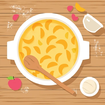 A freshly baked peach cobbler with a golden, flaky crust sits in a round ceramic baking dish. The cobbler is filled with bright orange and yellow peach slices that are slightly caramelized. The rustic kitchen table is made of weathered wood, with visible grain patterns and knots. Scattered around the dish are a few fresh peaches and a dusting of flour, suggesting the recent baking process. A wooden spoon leans against the dish, and a small, white dish nearby holds a scoop of vanilla ice cream melting slightly in the warmth.