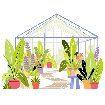 A glass greenhouse with a sleek, transparent structure filled with lush, exotic plants. The interior showcases vibrant green foliage along with splashes of color from blooming flowers in shades of red, yellow, and purple. Sunlight streams through the glass panels, casting interesting shadows on the floor. A winding path made of cobblestones runs through the center, surrounded by pots of various tropical plants, including tall palms and small succulents. A watering can rests on a nearby table, and butterflies can be seen fluttering among the flowers.