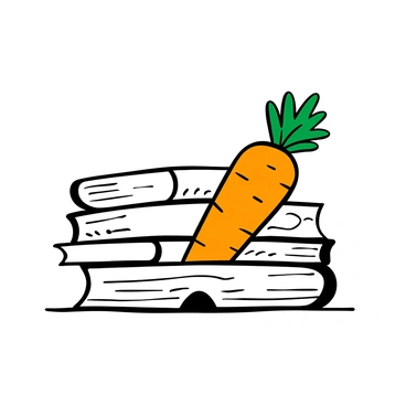 A carrot-shaped bookmark, detailed with a textured surface to resemble the skin of a carrot, is partially visible, peeking out from the pages of an open book. The bookmark has a green leafy top, extending outwards, contrasting with the orange body. The book has slightly yellowed pages, hinting at age, and is placed on a wooden surface with subtle grain patterns. The background features the subtle outlines of more books stacked behind it.