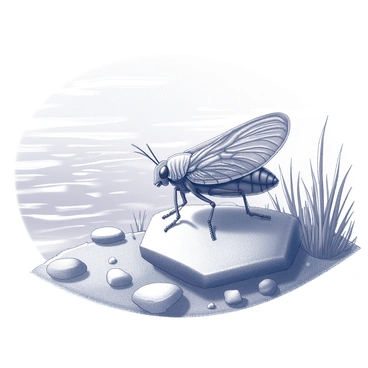 A cicada perched on a smooth rock at the edge of a riverbank. The cicada has detailed, textured wings that catch the light, and its body is segmented with distinct features. The river flows gently beside it, with ripples breaking the surface as the water moves. Surrounding the cicada, there are patches of grass and small stones scattered across the bank. The atmosphere conveys a sense of calmness, with the cicada seemingly attentive to the sounds of the water flowing nearby.