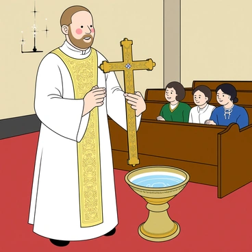 A priest with light skin and a short beard is holding an ornate golden cross, decorated with intricate patterns and small gemstones. He is wearing a long white robe with golden embroidery, and a matching stole draped over his shoulders. The baptism ceremony takes place in a simple yet elegant church, with wooden pews and soft candlelight illuminating the scene. In front of the priest, a small, decorated baptismal font filled with water is visible. A few family members are gathered in the background, looking on with warm expressions. The atmosphere is filled with a sense of reverence and celebration.