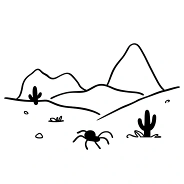 A lone black widow spider crawling across the textured surface of the dry desert floor. In the background, there are soft sand dunes rising and falling, creating a gentle undulating pattern against the horizon. Sparse vegetation, such as a few low cacti and scattered pebbles, is present, adding detail to the arid landscape. The spider's distinctive shape and form are highlighted as it moves through the rugged terrain.