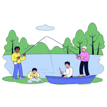 A group of three friends is engaged in a fishing trip on a calm lake. One friend is standing on the shore, casting a fishing line into the water with a focused expression. Another friend is sitting in a small, blue rowboat, holding a fishing rod while looking out at the lake. The third friend is kneeling on the grass, preparing bait with a small tackle box open beside them. Surrounding them are lush green trees and gentle ripples on the surface of the water, reflecting the clear blue sky above.