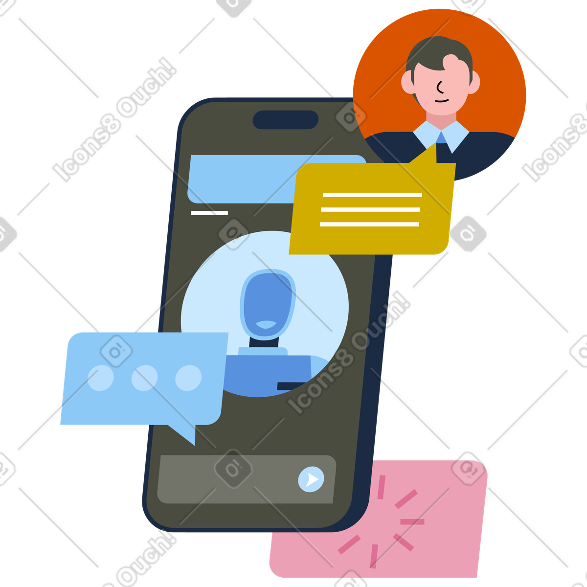 Sprachgesteuerter ki-assistent, chatbot im kundensupport, mobiler messaging-assistent mit sprachinteraktion animierte Illustration Vector-Stil als Download in GIF, Lottie (JSON), AE