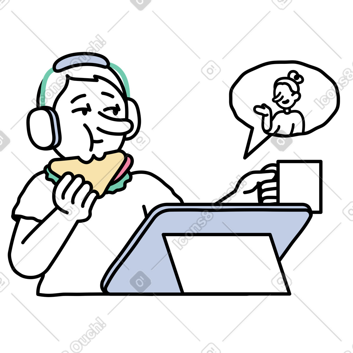 Un uomo mangia il pranzo durante una conferenza online illustrazione in stile Notes scarica in PNG, SVG