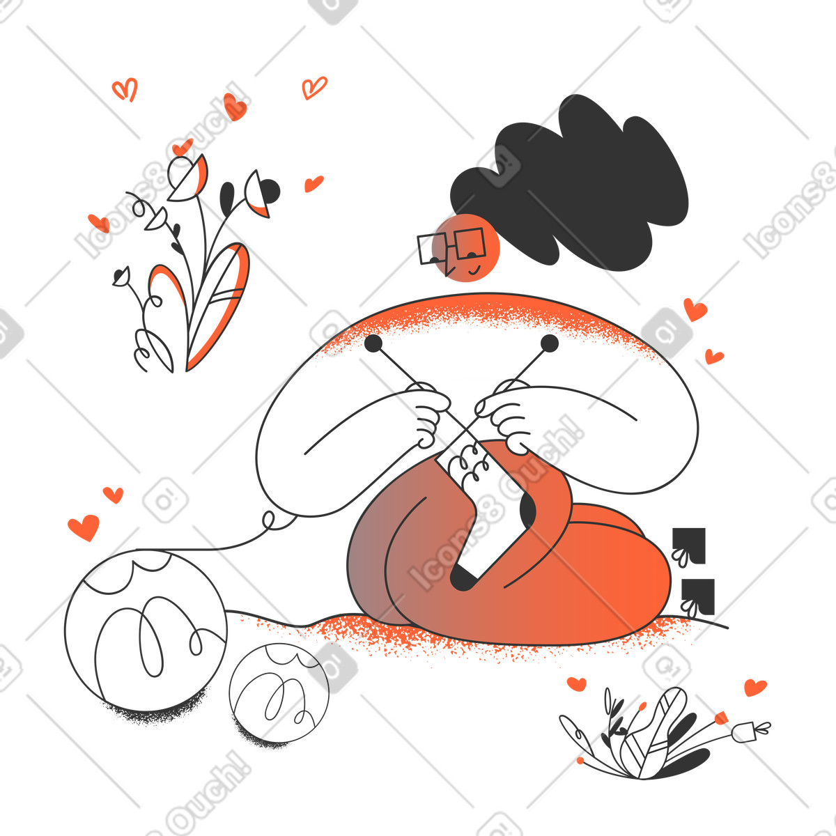 Woman sitting on grass and knitting a sock illustration in PNG, SVG
