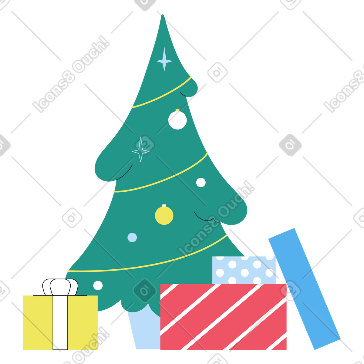 Illustration Gift boxes under decorated Christmas tree, Seasonal greeting card dans le style Boba à télécharger aux formats PNG, SVG