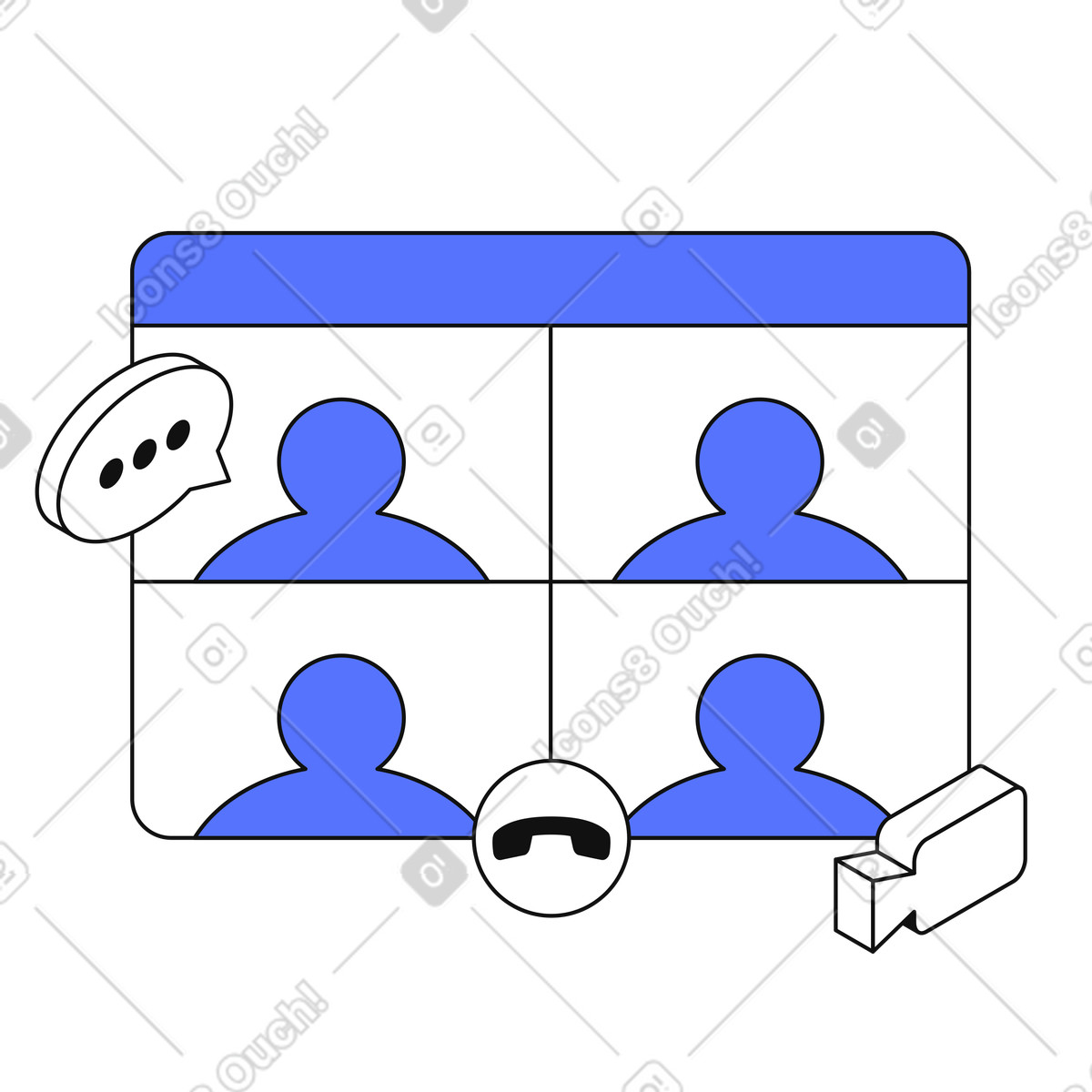 下载 Main 风格的 Videoconference meeting interface with four participants and communication icons displayed 插画，支持 PNG、SVG 格式
