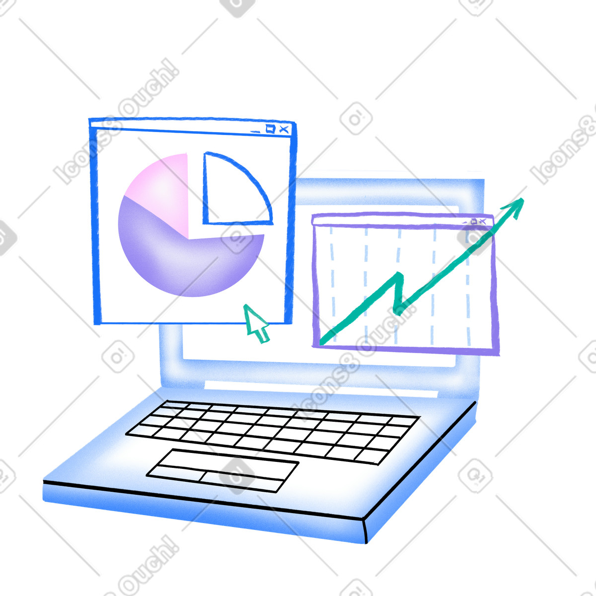Ilustração de Data analysis with graphs on the laptop screen em no estilo Bonny para baixar em PNG, SVG