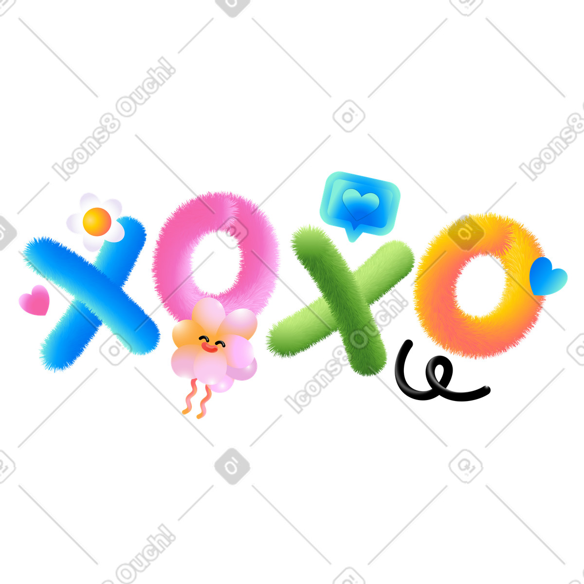 Schriftzug xoxo mit herzen und rosa blasentext-Illustration im Puffy-Stil als Download in PNG, SVG