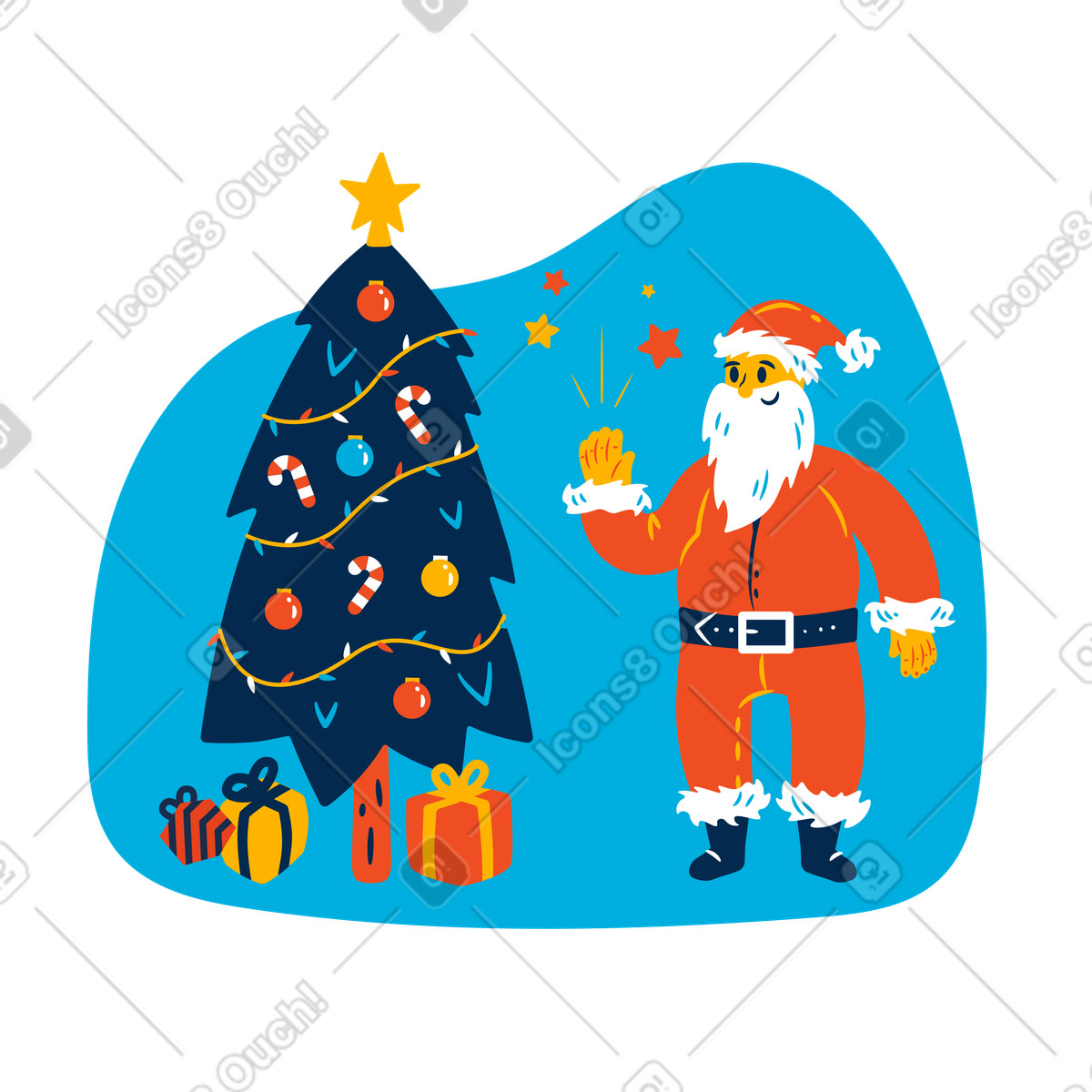 Flame 스타일의 Santa Claus waving near decorated Christmas tree, Seasonal greeting card 일러스트레이션 PNG, SVG 다운로드