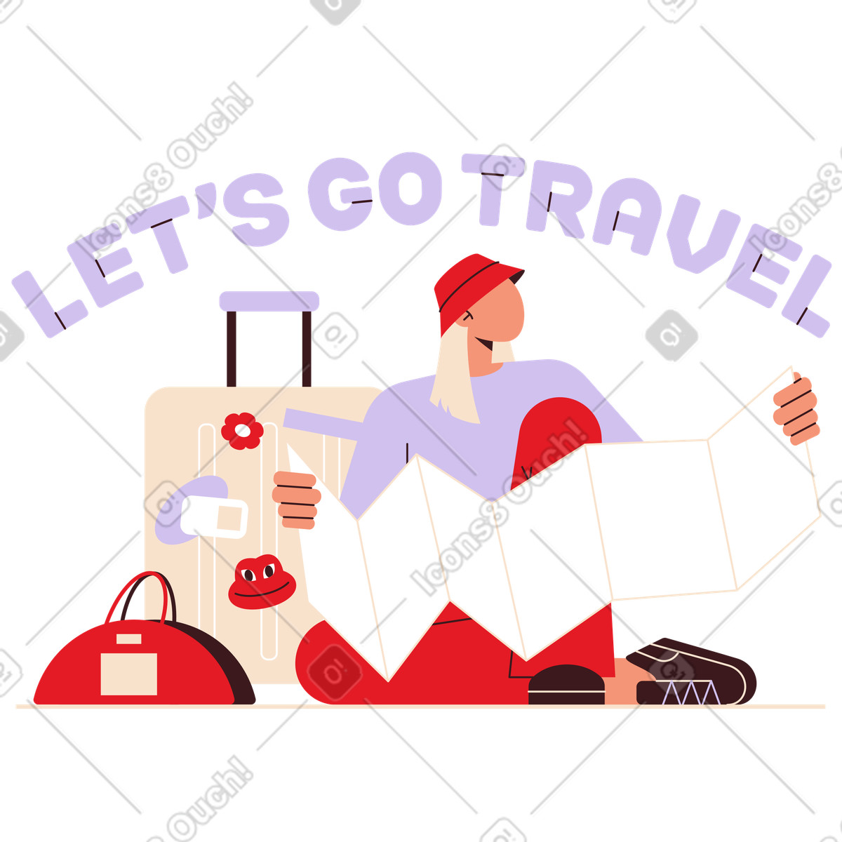 Folks 스타일의 Traveler reading map with luggage, Adventure planning and journey inspiration 일러스트레이션 PNG, SVG 다운로드