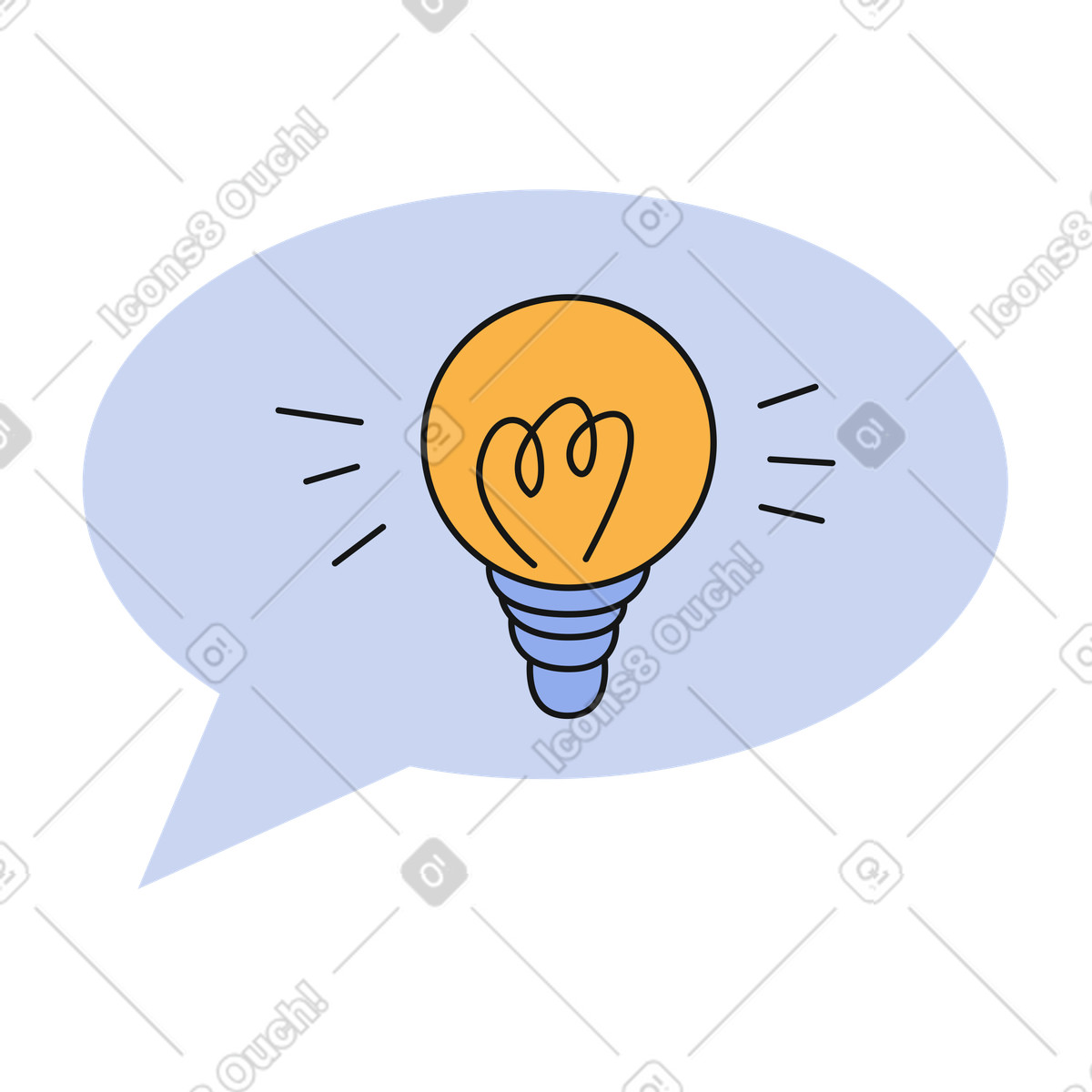 Illustration animée La bulle de gauche avec une ampoule apparaît et s'allume dans le style Bloom à télécharger aux formats GIF, Lottie (JSON), AE