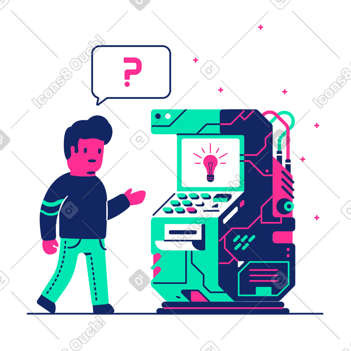 Man solving the problem by referring to the machine generator of ideas illustration in PNG, SVG