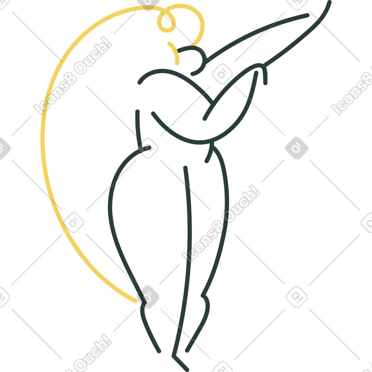 Dancer silhouette with raised arm and flowing hair illustration in Macaroni style download in PNG, SVG