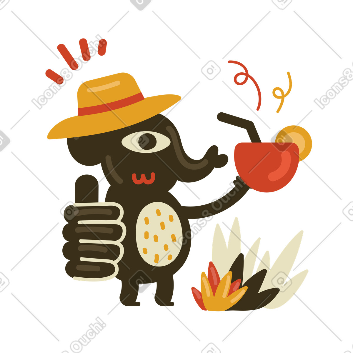 Elephant in hat drinking summer cocktail illustration in PNG, SVG