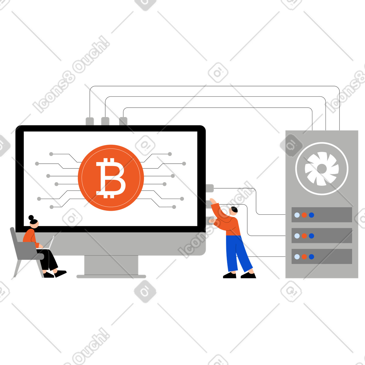 Young people mining cryptocurrency on hardware illustration in PNG, SVG