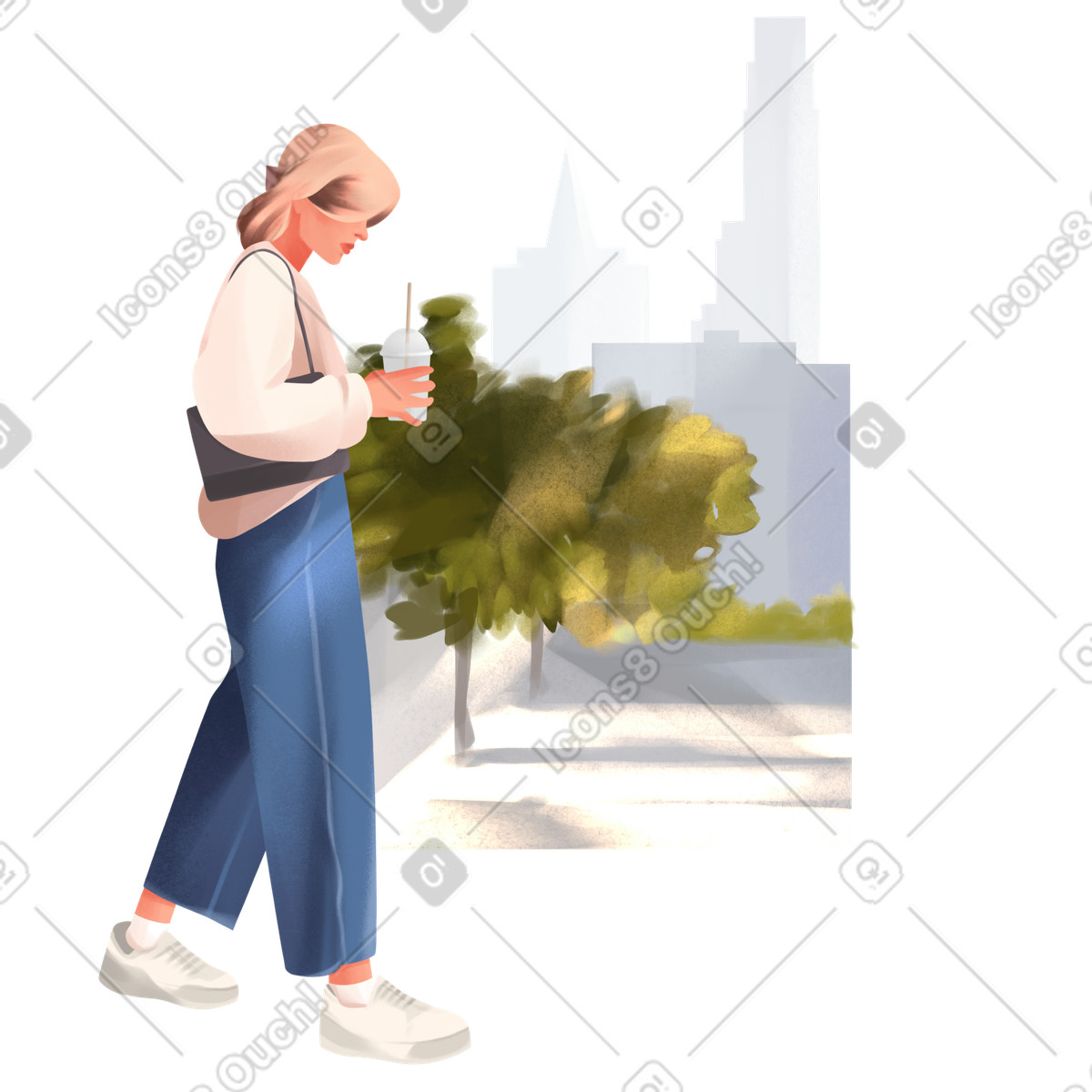 Ilustração de Young woman walking in the city em no estilo Demure para baixar em PNG, SVG