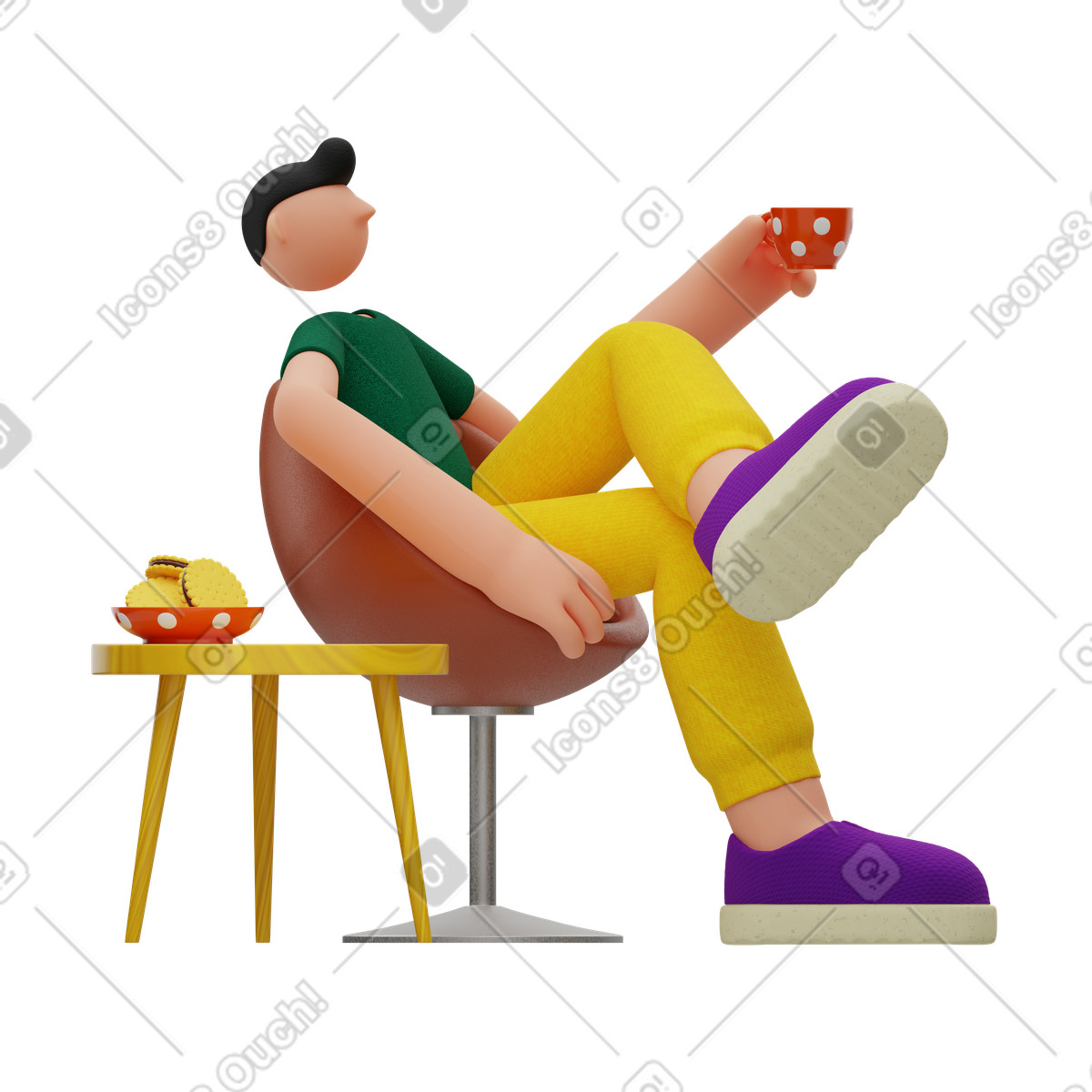 Illustration animée Homme avec une tasse de café assis sur chaise dans le style 3D Rondi à télécharger aux formats GIF, Lottie (JSON), AE
