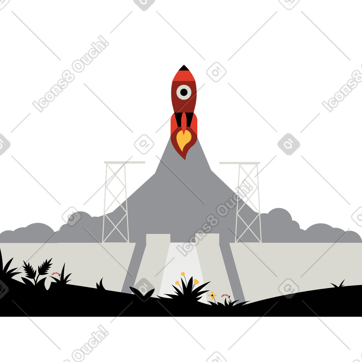 Rocket flying to the sky illustrazione in stile Burgundy scarica in PNG, SVG