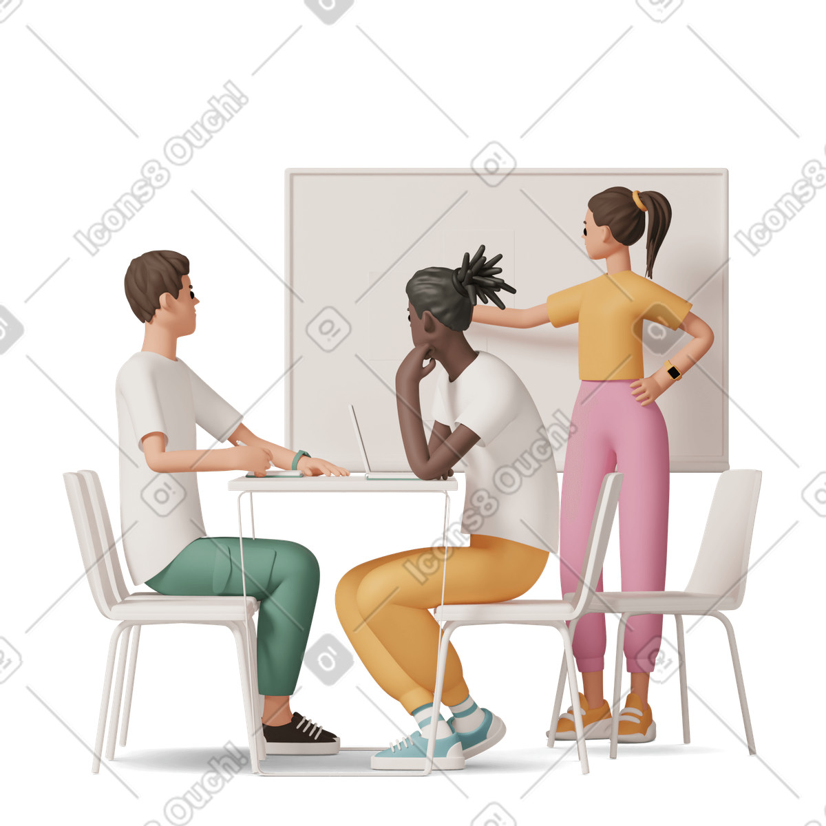 Ilustración Group of three people discussing project en estilo 3D Casual life a descargar en PNG y SVG