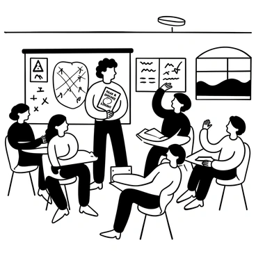 A teacher standing at the front of a classroom, holding a book titled "Susan B. Anthony" while pointing to a poster of Anthony on the wall. The teacher is surrounded by a diverse group of attentive students seated at desks, taking notes. Some students have their hands raised, and others are looking towards the teacher with interest. The classroom is filled with educational materials on the walls, including charts and maps related to women's rights. A window shows a glimpse of greenery outside.