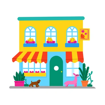 A storefront facade featuring a combination of mismatched colors like bright yellow, light blue, and vibrant red. The building has large, arched windows adorned with colorful window boxes overflowing with flowers. Whimsical decorations include oversized, hand-painted signs with playful designs, bright awnings in contrasting patterns, and quirky sculptures of animals and plants placed around the entrance. The door is painted in a bold shade of green, with a small, round window at the top.