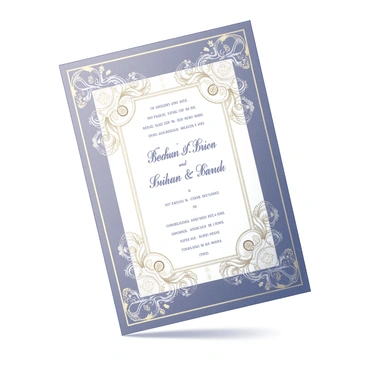 A wedding invitation card with an ornate design. The card features intricate patterns that include floral motifs and geometric shapes. It showcases delicate filigree work surrounding the text area, which is elegantly framed. The card has a central section that contains the details of the wedding, including the names of the bride and groom, and is highlighted by decorative borders. Gold accents are used throughout the design, adding a touch of elegance to the overall appearance of the card.