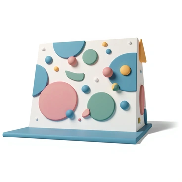 A vibrant climbing wall featuring a variety of colors including blue, red, green, and yellow. The wall is designed with an array of shapes such as circles, triangles, and abstract forms. It is structured to invite climbers of all ages, with holds of different sizes and heights to accommodate everyone. Soft mats are placed at the base for safety. Sunlight illuminates the wall, enhancing the brightness of the colors and making it an attractive recreational space.