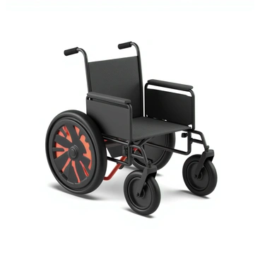 A wheelchair with a sleek, modern design featuring a sturdy frame made of lightweight aluminum. The seat is upholstered in a durable fabric, with armrests on both sides. The wheelchair has large, robust rear wheels that are equipped with a visible hand brake, allowing for easy stopping and control. The hand brake lever is positioned conveniently for access, showcasing its mechanism. The front wheels are smaller and designed for smooth maneuverability. The overall color scheme is a combination of dark gray and vibrant accents.