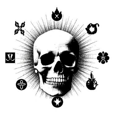 A skull is positioned in the center of the image, with intricate details highlighting its features. Surrounding the skull are various magical symbols, each with unique designs and shapes, radiating outward. An ethereal aura envelops the skull, creating a sense of energy around it. The composition emphasizes the contrast between the solid form of the skull and the fluidity of the symbols and aura, enhancing the overall mystical presence of the scene.