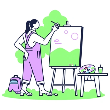 An artist is standing in front of an easel, painting a landscape scene. The easel is set up on a grassy area, with trees in the background providing a natural frame. The artist has long hair tied back and is wearing a light-colored shirt and paint-splattered overalls. In one hand, they hold a brush poised over the canvas, which depicts rolling hills under a bright sky. A palette filled with various colors lies on a small table next to the easel. Nearby, a backpack contains art supplies, and a few paint tubes are scattered on the ground.