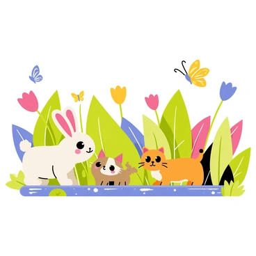 A group of small pets, including a fluffy white bunny, a small brown puppy, and a curious orange kitten, are gathered in a magical garden. The pets have wide, curious eyes as they explore their surroundings. Surrounding them are oversized plants with vibrant green leaves and giant colorful flowers in shades of pink, blue, and yellow. Butterflies with intricate patterns flutter around the garden, and a small, sparkling stream flows nearby, reflecting the bright colors of the plants. The pets are playfully interacting with the environment, sniffing flowers and chasing after butterflies.