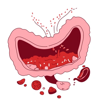 A red and white illustration depicting the interior of a human small intestine. The walls of the intestine are lined with small, finger-like projections called villi, which are colored in white. Nutrients, represented as small colorful particles, are seen being absorbed through the villi into the bloodstream. The scene includes flowing blood in the capillaries, which are colored in red, showcasing the process of nutrient absorption. Surrounding the intestine, there are various food particles that have been digested, illustrating the journey of nutrients through the digestive system.