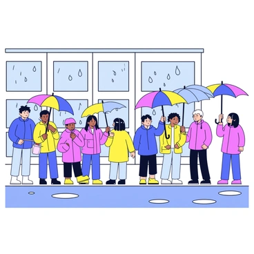 A group of people standing in a line at a ferry terminal on a rainy day. Each person is holding a colorful umbrella that varies in size and design. The individuals are dressed in raincoats and waterproof boots. Raindrops are visible falling from the gray sky, creating puddles on the ground beneath their feet. The terminal is a simple structure with large windows, and there are faint reflections of the umbrellas in the wet pavement. The atmosphere conveys a sense of anticipation as they wait for the ferry.