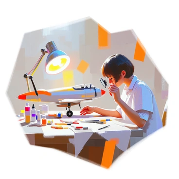 A model maker using a loupe to add fine details to a model airplane