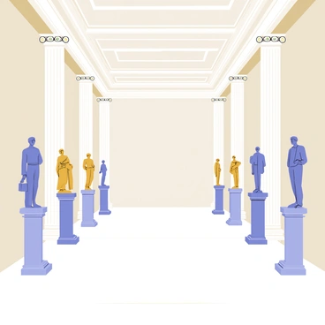 A spacious hall with polished white marble flooring and tall columns supporting the ceiling. The walls are adorned with intricate carvings. Classical marble sculptures of various figures are displayed prominently on elegant pedestals throughout the hall. Each sculpture captures a different posture and expression, surrounded by soft, glowing lights that highlight their details.