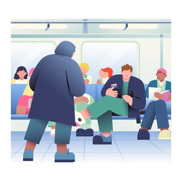 A thief with dark clothing and a hood is standing close to a commuter in a subway car. The commuter, a man with short brown hair wearing a black jacket, is focused on his phone and appears unaware of his surroundings. The subway car is well-lit with overhead lights, and there are metal handrails above the seats. The thief’s right hand is reaching towards the commuter's phone, which is resting on his thigh. Other passengers are seated nearby, some reading and others looking out the windows. The floor of the subway car is tiled with light gray squares.