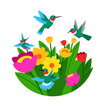 A group of colorful hummingbirds with iridescent feathers is hovering around vibrant flowers in a garden. The flowers are large and bright, featuring shades of pink, yellow, and red. Each hummingbird is displaying its unique colors, with some having glowing green and blue plumage. The garden is lush and filled with greenery, providing a lively backdrop for the scene. The hummingbirds are darting from flower to flower, with their wings flapping rapidly, creating a sense of motion and playfulness.