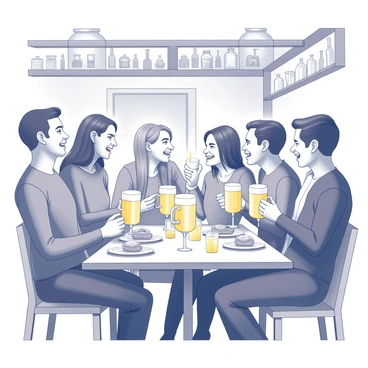 A group of five friends sitting at a wooden table inside a rustic pub. They each hold large mugs filled with frothy, creamy "butterbeer," smiling and laughing together. The table is adorned with a few plates of food and a flickering candle. The background features wooden beams and shelves lined with various bottles and jars. Each friend has a distinct look, with varying hairstyles and clothing styles, contributing to a lively atmosphere of friendship and camaraderie.