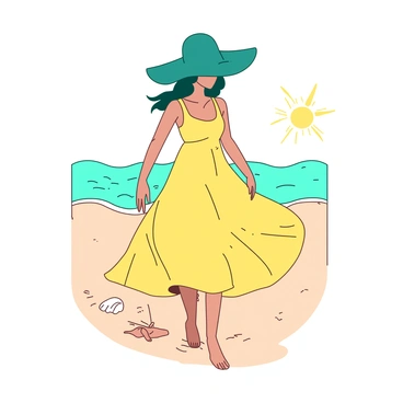 A yellow flowy dress with a wide-brimmed teal sun hat is displayed prominently. The dress gently sways in the breeze, and the hat casts a soft shadow over the face. In the background, there is a sandy beach with gentle waves lapping at the shore. A few seashells and small pieces of driftwood are scattered in the sand near the edge of the dress. The sun shines brightly, creating a cheerful atmosphere around the outfit.